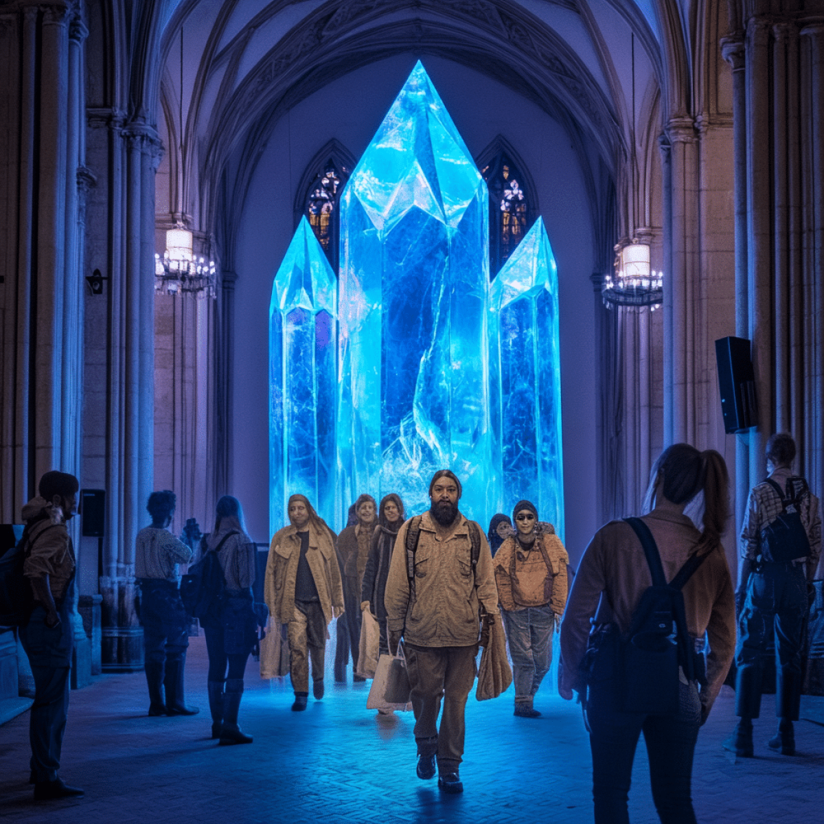 Un grupo de personas vestidas con ropa gastada camina dentro de una catedral iluminada por una enorme semilla azulada.
