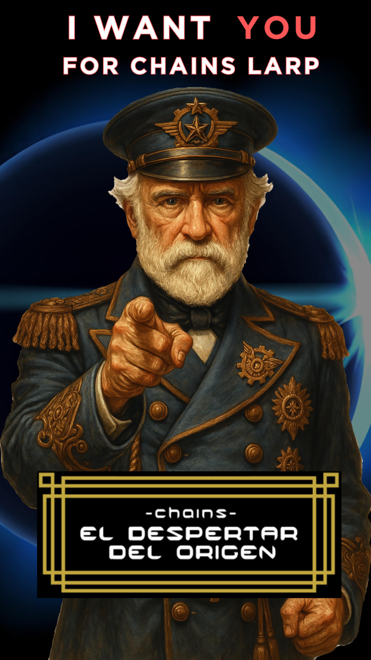 Robert E. Lee, presidente de la Confederación en Chains, señalando al espectador con gesto desafiante